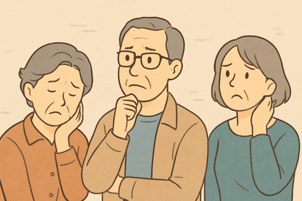 心にとらわれがあり浮かない表情の3人のシニアの男女