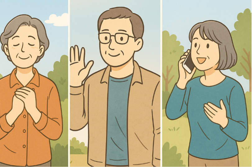とらわれから少し解放され明るい表情になっている3人のシニアの男女