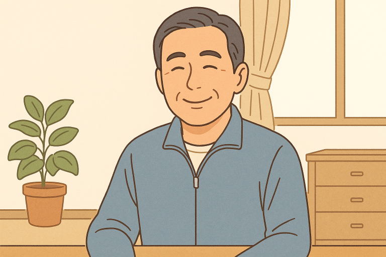 価値観マップなど自己理解のためのワークを行って、明るい表情が出たシニア男性のイラスト