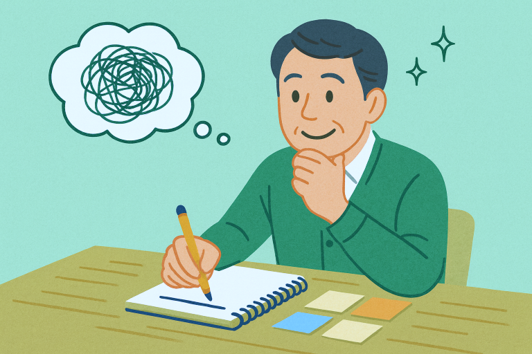 ワークをやって自分のモヤモヤを解消しようとしているシニア男性のイラスト
