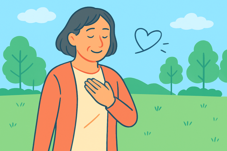 モヤモヤに向き合って、感情の整理が少しずつ進んでいるシニア女性のイラスト