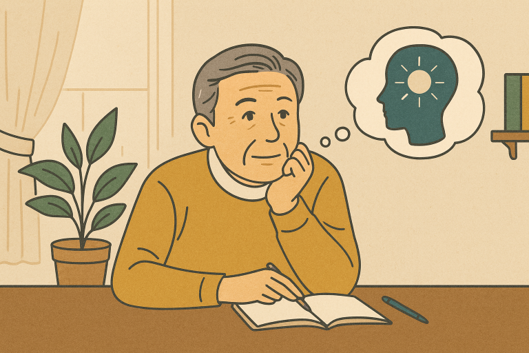 内省ワークの振り返りをして、気づきを得たシニア男性のイラスト