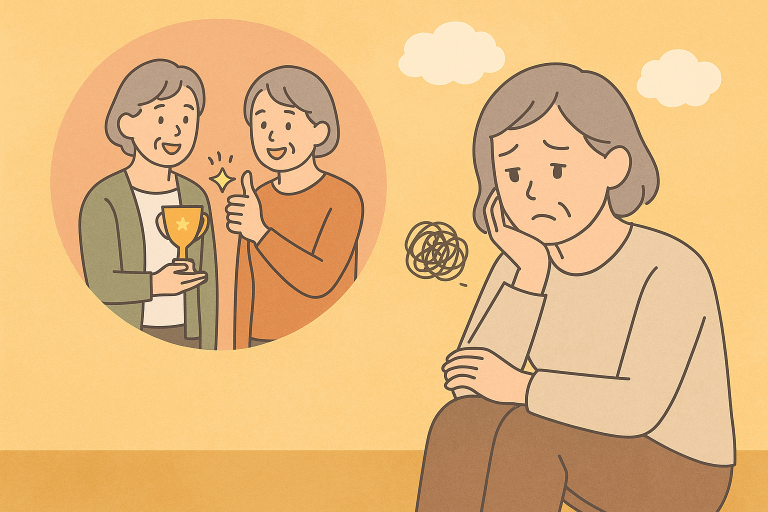 自分の比較癖について悩むシニア女性のイラスト