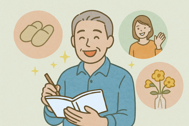 小さな行動で自分らしさを取り戻そうとしているシニア男性のイラスト