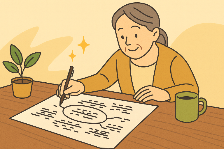 価値観マップを描いているシニア女性のイラスト