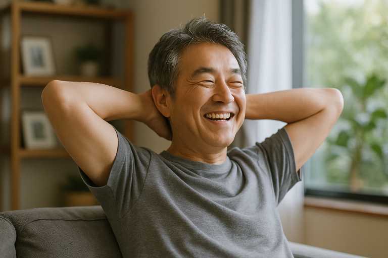 書く瞑想をして心がスッキリして、明るい表情になっているシニアの男性