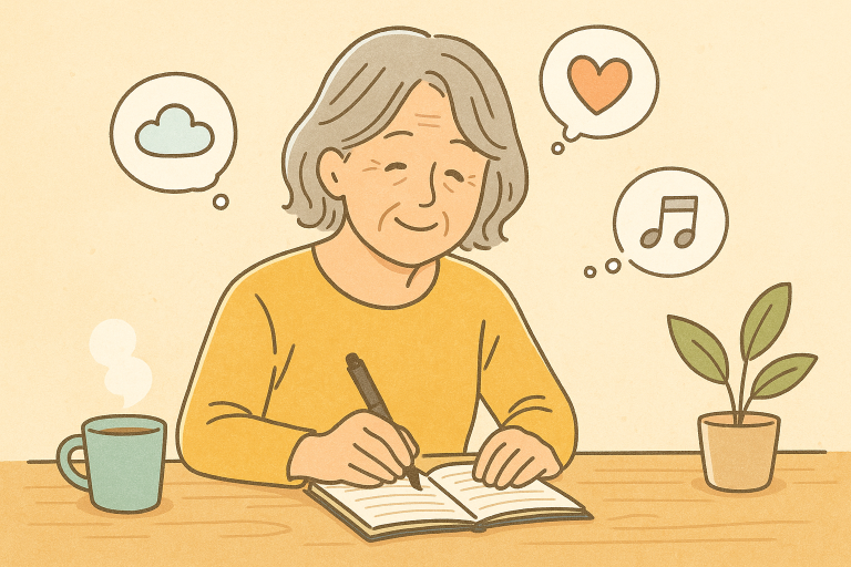 自分に目を向けるための書き出しワークに取り組むシニア女性のイラスト