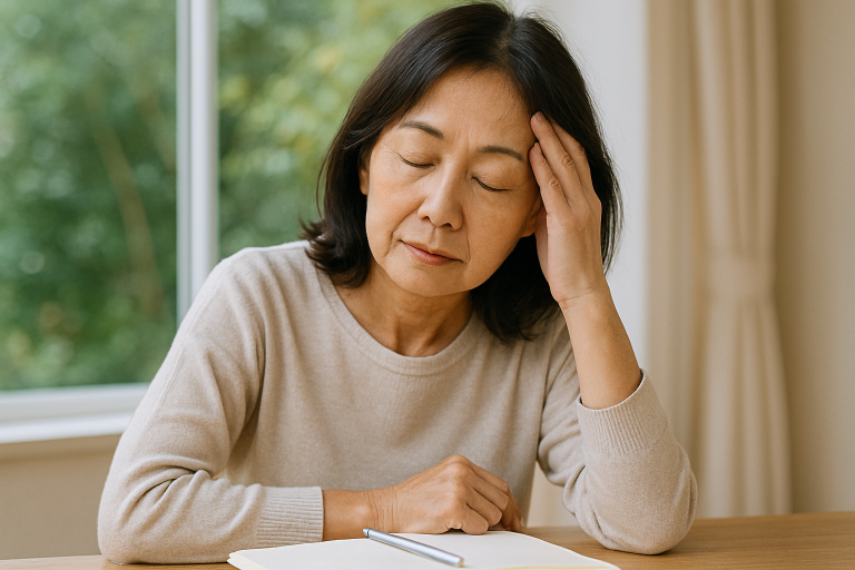 自己肯定感を取り戻すために、過去を見つめ直すワークに取り組んでいるシニアの女性