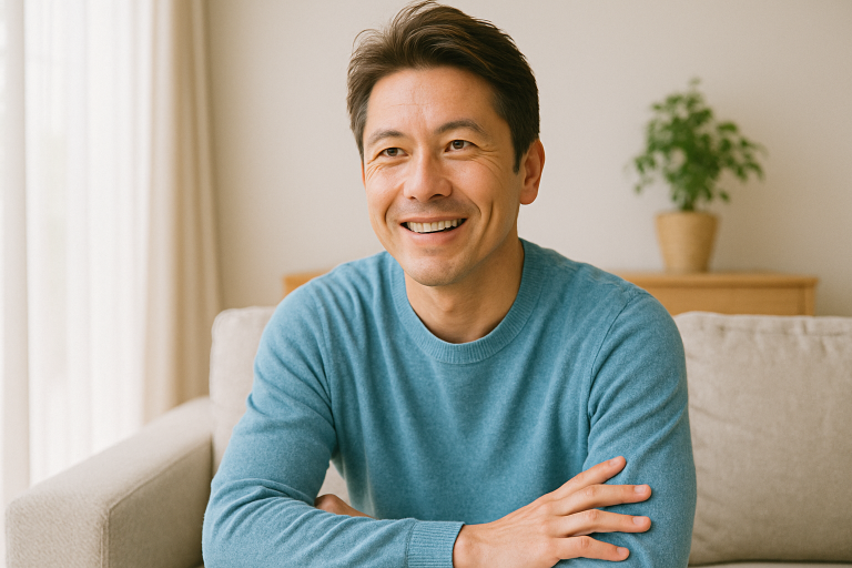 セルフトークを整えることで、自己肯定感を取り戻して明るい表情になっているシニアの男性