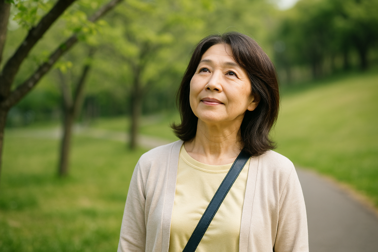 自然の中で五感に意識を向けているシニアの女性